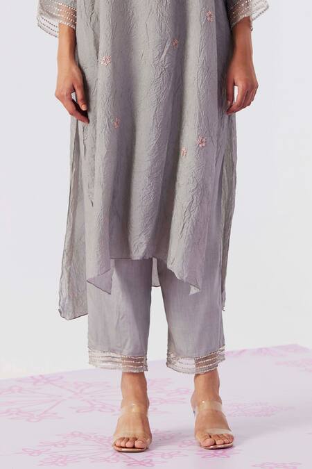 One Not Two_Grey Viscose, Silk, Modal, Satin Pearls, Floral Asymmetric Kurta With Pant _Online_at_Aza_Fashions
