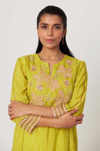 Buy One Not Two Yellow Viscose, Silk, Modal, Satin Pearls, Sequins, Embroidered Kurta With Pant Online at Aza Fashions Buy_One Not Two_Yellow Viscose, Silk, Modal, Satin Pearls, Sequins, Embroidered Kurta With Pant _Online_at_Aza_Fashions