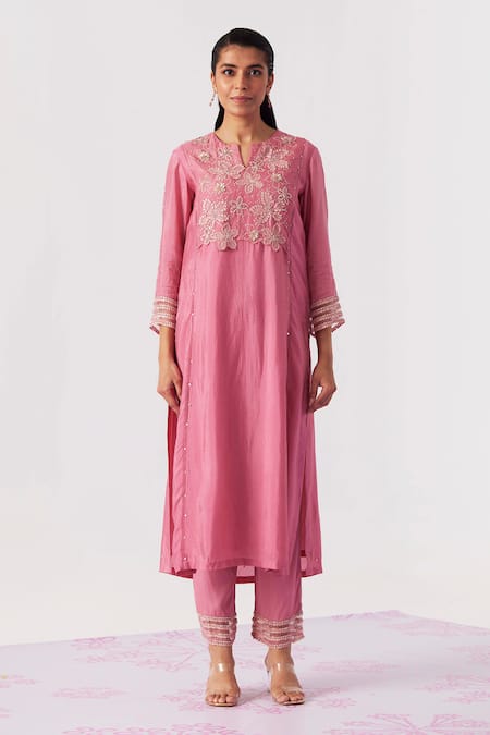 Shop One Not Two Pink Viscose, Silk, Modal, Satin Pearls, Floral Yoke Embroidered Kurta With Pant at Aza Fashions Shop_One Not Two_Pink Viscose, Silk, Modal, Satin Pearls, Floral Yoke Embroidered Kurta With Pant _at_Aza_Fashions