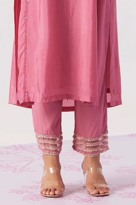 One Not Two Pink Viscose, Silk, Modal, Satin Pearls, Floral Yoke Embroidered Kurta With Pant Online at Aza Fashions One Not Two_Pink Viscose, Silk, Modal, Satin Pearls, Floral Yoke Embroidered Kurta With Pant _Online_at_Aza_Fashions