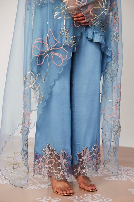 Buy One Not Two Blue Viscose, Silk, Modal, Satin Sequins, Floral Embroidered Kurta With Pant Online at Aza Fashions Buy_One Not Two_Blue Viscose, Silk, Modal, Satin Sequins, Floral Embroidered Kurta With Pant _Online_at_Aza_Fashions