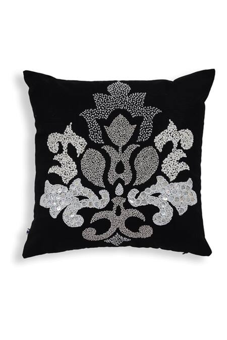 Onset Homes_Black 100% Faux Silk Bead Imperial Hand Embroidered Cushion Cover_Online_at_Aza_Fashions