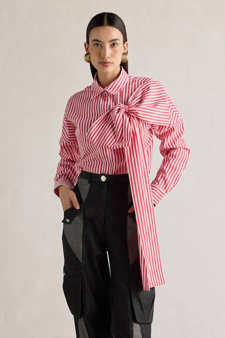 Mellowdrama Striped Pattern Big Bow Embellished Shirt 