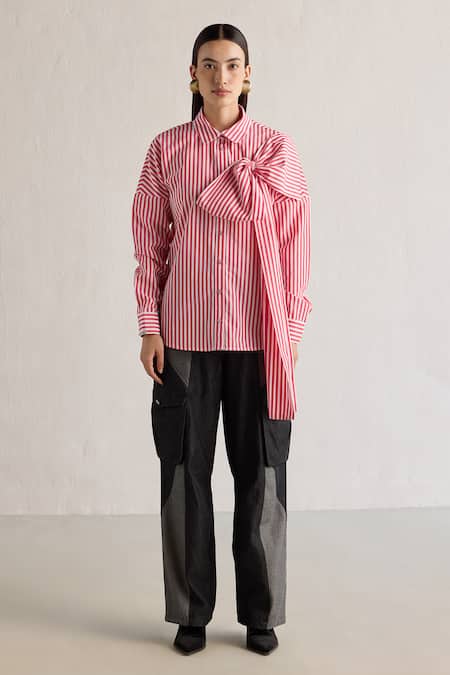Mellowdrama_Red Cotton Collared Striped Pattern Big Bow Embellished Shirt_Online_at_Aza_Fashions