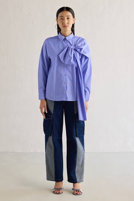 Buy_Mellowdrama_Blue Cotton Bows Collared Striped Big Embellished Shirt_Online_at_Aza_Fashions