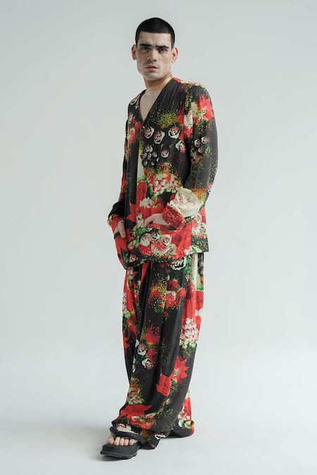 Shop Til Red Cotton Florid Print Jacket And Pant Set at Aza Fashions Shop_Til_Red Cotton Florid Print Jacket And Pant Set _at_Aza_Fashions