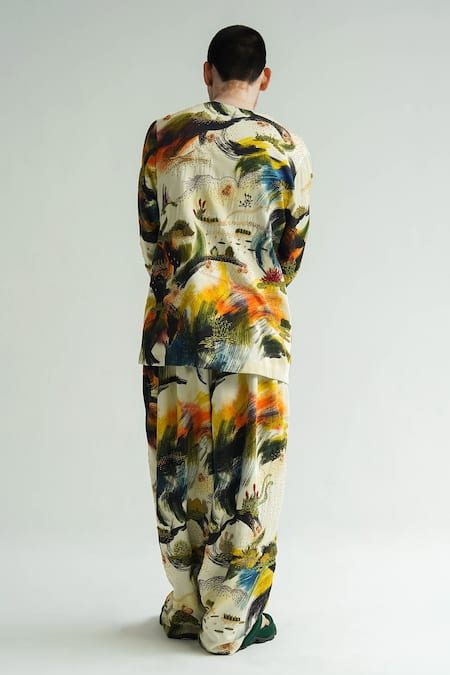 Shop_Til_Multi Color Cotton Embroidery Dreamscape Brush Stroke Print Jacket And Pant Set _at_Aza_Fashions