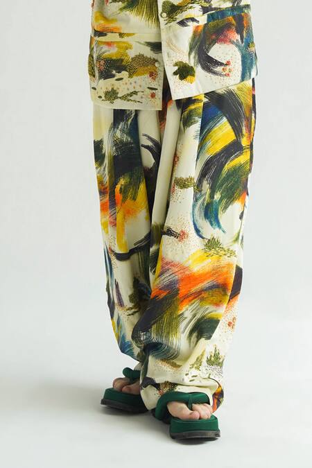 Til_Multi Color Cotton Embroidery Dreamscape Brush Stroke Print Jacket And Pant Set _Online_at_Aza_Fashions
