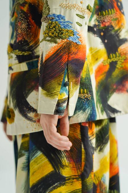 Buy_Til_Multi Color Cotton Embroidery Dreamscape Brush Stroke Print Jacket And Pant Set _Online_at_Aza_Fashions