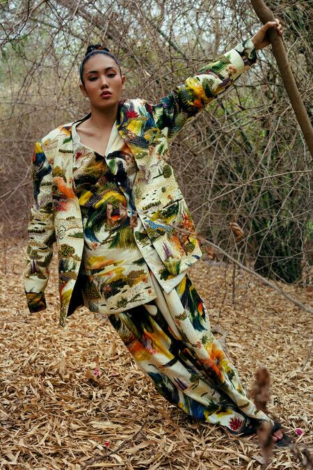 Shop_Til_Multi Color Cotton Embroidery Dreamscape Brush Stroke Print Jacket And Pant Set _Online_at_Aza_Fashions