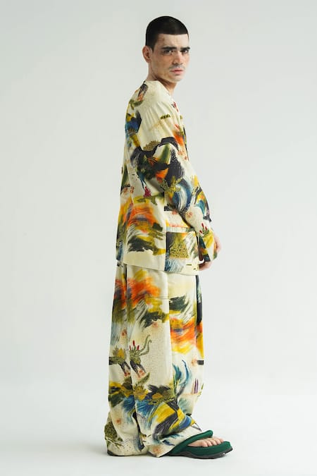 Til_Multi Color Cotton Embroidery Dreamscape Brush Stroke Print Jacket And Pant Set _at_Aza_Fashions