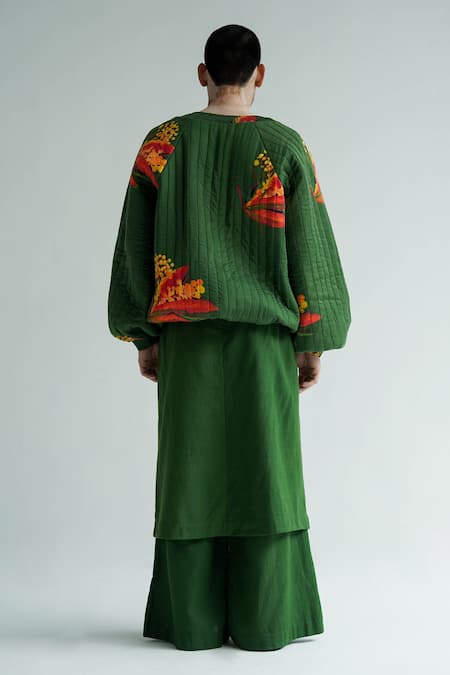 Shop_Til_Green Cotton Firefly Print Quilted Cardigan _at_Aza_Fashions
