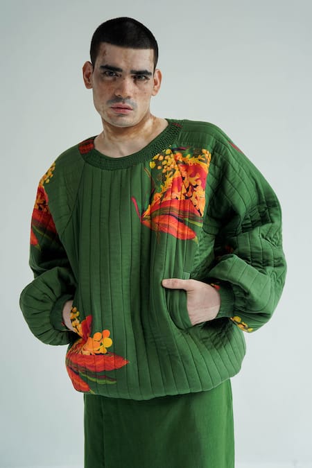 Buy_Til_Green Cotton Firefly Print Quilted Cardigan _Online_at_Aza_Fashions