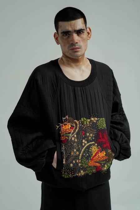 Til Black Cotton Embroidery Nero Thread Hand Quilted Cardigan Online at Aza Fashions Til_Black Cotton Embroidery Nero Thread Hand Quilted Cardigan _Online_at_Aza_Fashions