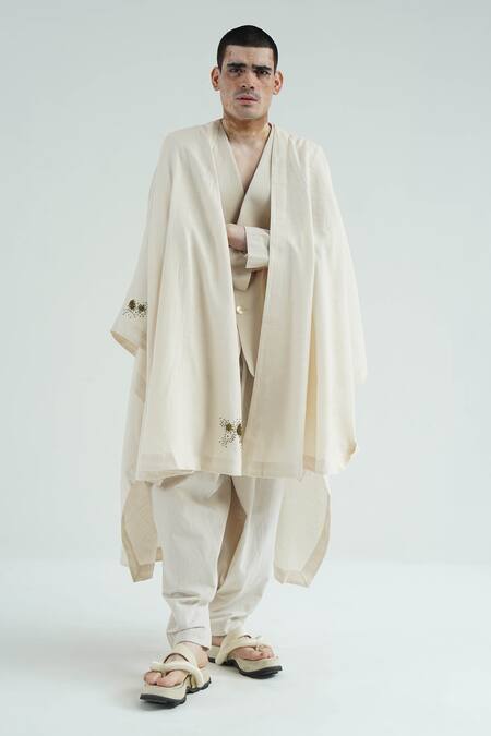 Shop_Til_Ivory Cotton Hand Embroidered Cape _at_Aza_Fashions