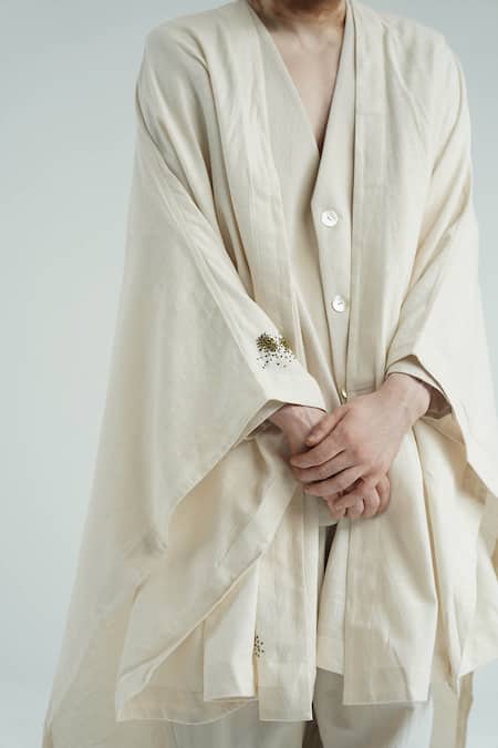 Buy_Til_Ivory Cotton Hand Embroidered Cape _Online_at_Aza_Fashions
