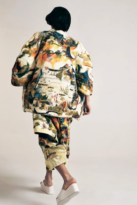 Shop_Til_Multi Color Cotton Embroidery Brush Stroke Print Jacket _at_Aza_Fashions