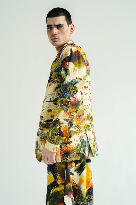 Til_Multi Color Cotton Embroidery Dreamscape Brush Stroke Print Overlay Jacket _Online_at_Aza_Fashions