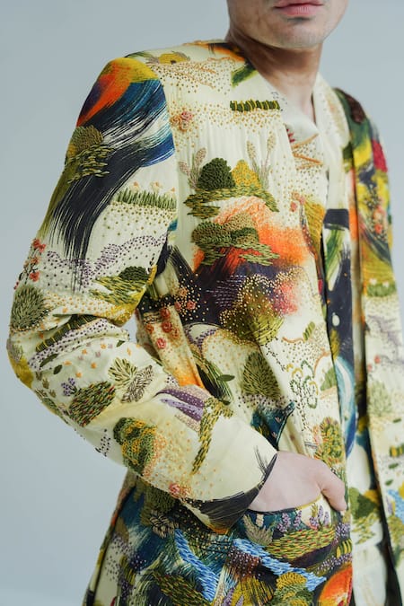 Buy_Til_Multi Color Cotton Embroidery Dreamscape Brush Stroke Print Overlay Jacket _Online_at_Aza_Fashions