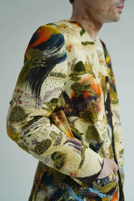 Shop_Til_Multi Color Cotton Embroidery Dreamscape Brush Stroke Print Overlay Jacket _Online_at_Aza_Fashions