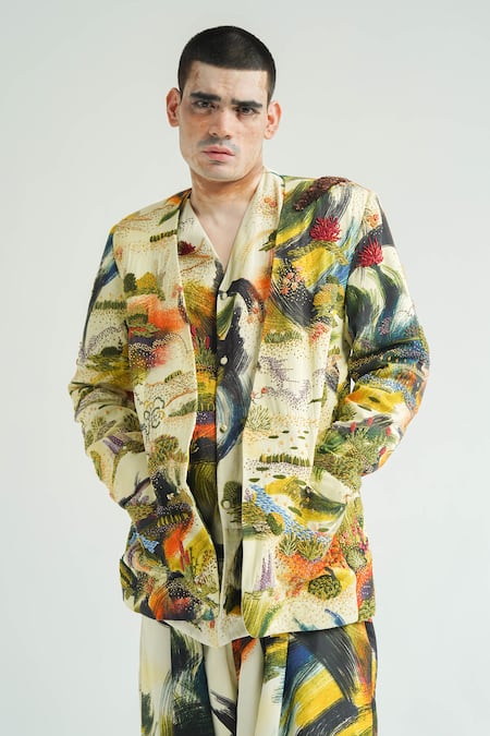 Til_Multi Color Cotton Embroidery Dreamscape Brush Stroke Print Overlay Jacket _at_Aza_Fashions