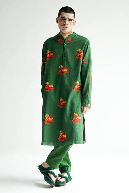 Buy Til Green Cotton Embroidery Firefly Print Kurta And Pant Set Online at Aza Fashions Buy_Til_Green Cotton Embroidery Firefly Print Kurta And Pant Set_Online_at_Aza_Fashions