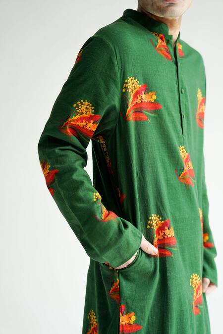 Til Green Cotton Embroidery Firefly Print Kurta And Pant Set at Aza Fashions Til_Green Cotton Embroidery Firefly Print Kurta And Pant Set_at_Aza_Fashions