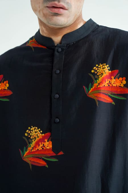 Shop_Til_Black Silk, Cotton Firefly Print Kurta With Pant _Online_at_Aza_Fashions