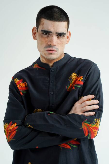 Til_Black Silk, Cotton Firefly Print Kurta With Pant _at_Aza_Fashions