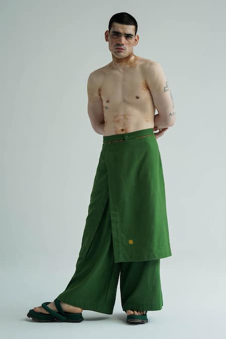 Shop_Til_Green Cotton Embroidery Draped Wide Legged Trouser _at_Aza_Fashions