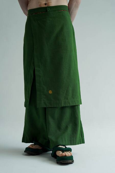 Buy_Til_Green Cotton Embroidery Draped Wide Legged Trouser _Online_at_Aza_Fashions