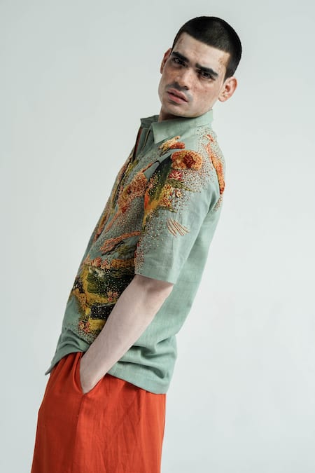 Shop_Til_Green Cotton Embroidery Kobai Hand Shirt _at_Aza_Fashions