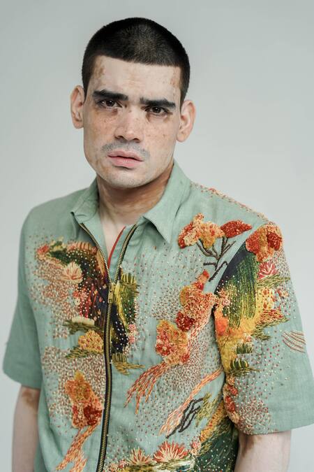 Til_Green Cotton Embroidery Kobai Hand Shirt _Online_at_Aza_Fashions