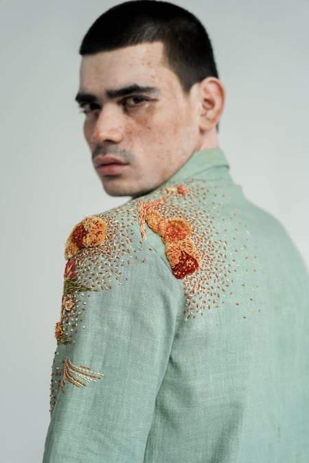 Shop_Til_Green Cotton Embroidery Kobai Hand Shirt _Online_at_Aza_Fashions