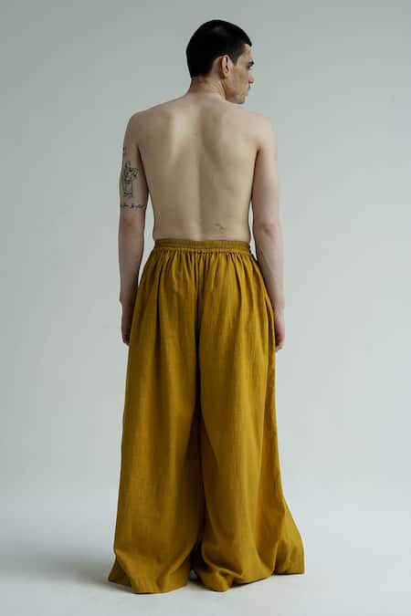 Shop_Til_Yellow Cotton Embroidery Lime Gathered Sumo Pant _at_Aza_Fashions