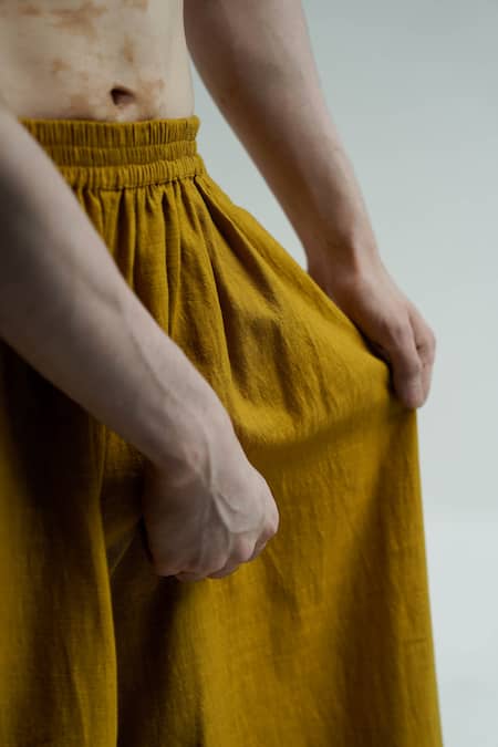 Buy_Til_Yellow Cotton Embroidery Lime Gathered Sumo Pant _Online_at_Aza_Fashions