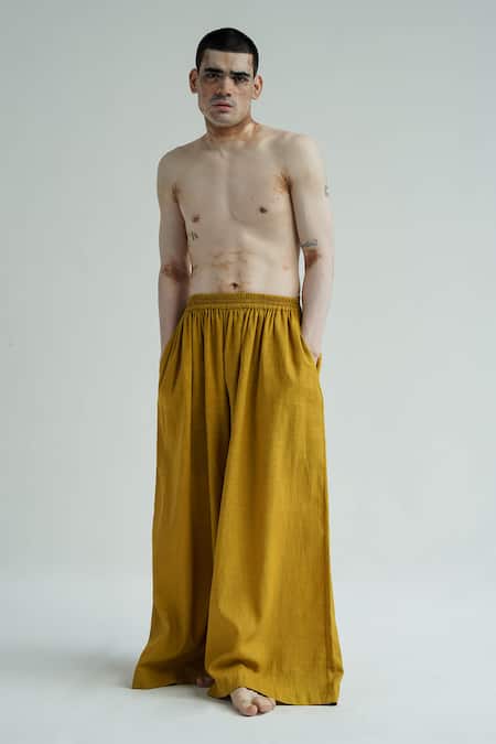 Til_Yellow Cotton Embroidery Lime Gathered Sumo Pant _at_Aza_Fashions
