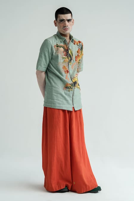 Shop_Til_Orange Cotton Embroidery Kobai Gathered Sumo Pant _Online_at_Aza_Fashions