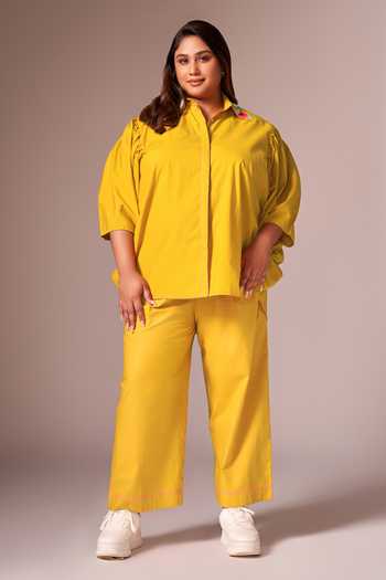 Neetiandmudita_Yellow Cotton Embellished Floral Collared Shirt _Online_at_Aza_Fashions