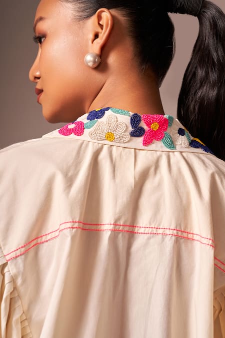 Shop Neetiandmudita Yellow Cotton Embellished Floral Collared Shirt at Aza Fashions Shop_Neetiandmudita_Yellow Cotton Embellished Floral Collared Shirt _at_Aza_Fashions