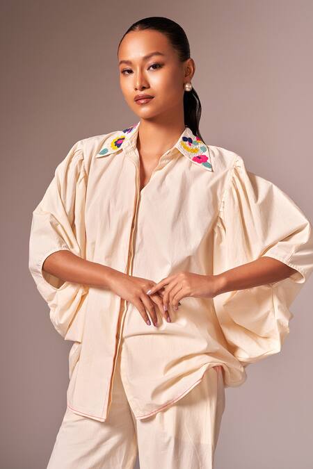 Shop Neetiandmudita Yellow Cotton Embellished Floral Collared Shirt Online at Aza Fashions Shop_Neetiandmudita_Yellow Cotton Embellished Floral Collared Shirt _Online_at_Aza_Fashions