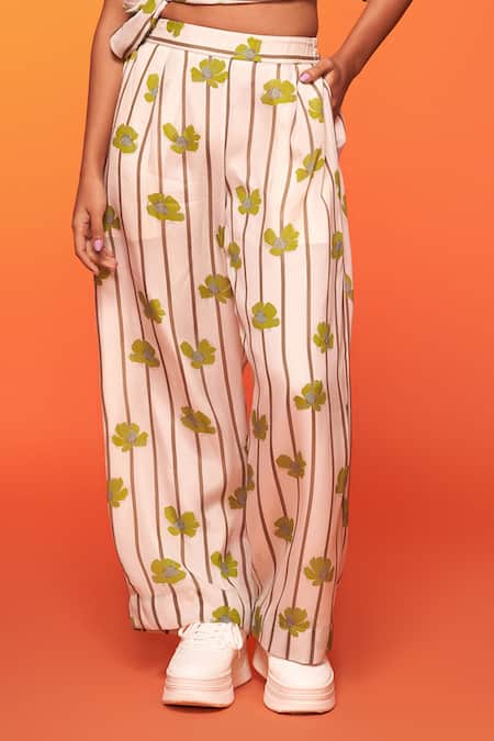 Neetiandmudita Yellow Crepe Silk Print Daisy Asymmetric Neck Upsie Daisies Top With Pant Online at Aza Fashions Neetiandmudita_Yellow Crepe Silk Print Daisy Asymmetric Neck Upsie Daisies Top With Pant _Online_at_Aza_Fashions