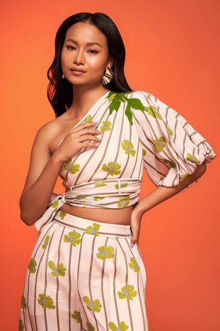 Shop Neetiandmudita Yellow Crepe Silk Print Daisy Asymmetric Neck Upsie Daisies Top With Pant Online at Aza Fashions Shop_Neetiandmudita_Yellow Crepe Silk Print Daisy Asymmetric Neck Upsie Daisies Top With Pant _Online_at_Aza_Fashions