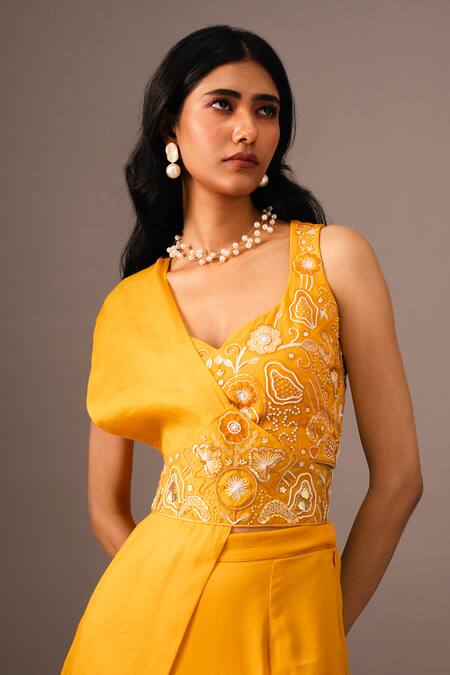 Vanshika Agarwal Label_Yellow Organza, Georgette Sequins, Beads, Floral Mustard Top And Pant Set _Online_at_Aza_Fashions