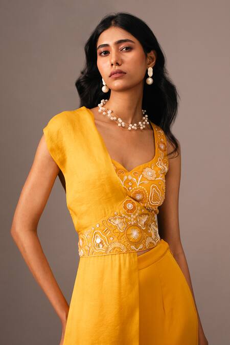 Buy_Vanshika Agarwal Label_Yellow Organza, Georgette Sequins, Beads, Floral Mustard Top And Pant Set _Online_at_Aza_Fashions