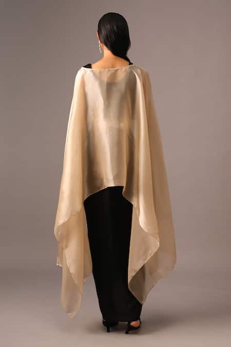 Shop_Vanshika Agarwal Label_Gold Organza, Modal, Satin Metallic Thread, Applique Overlay Draped Skirt Set _at_Aza_Fashions