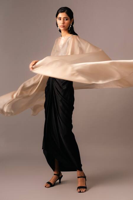 Vanshika Agarwal Label_Gold Organza, Modal, Satin Metallic Thread, Applique Overlay Draped Skirt Set _Online_at_Aza_Fashions