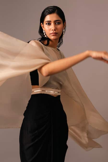 Buy_Vanshika Agarwal Label_Gold Organza, Modal, Satin Metallic Thread, Applique Overlay Draped Skirt Set _Online_at_Aza_Fashions