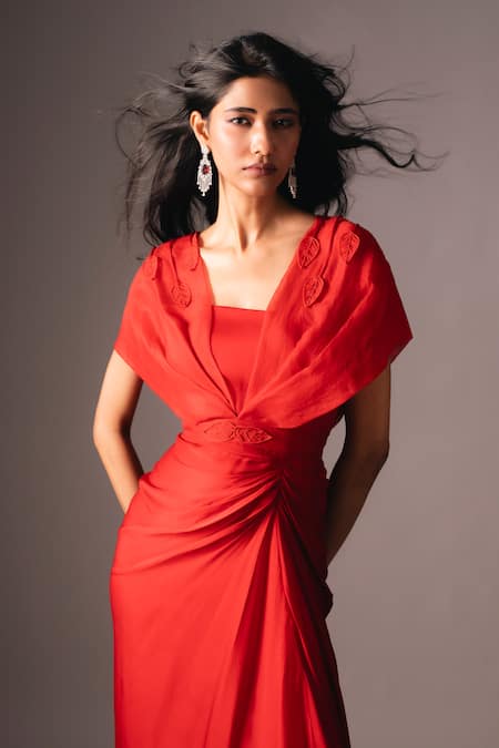 Vanshika Agarwal Label_Red Organza, Satin, Georgette Embroidery, Draped Midi Dress With Overlay _Online_at_Aza_Fashions