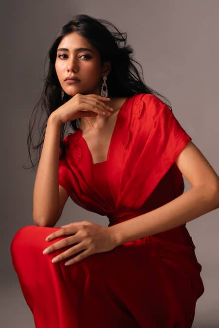 Buy_Vanshika Agarwal Label_Red Organza, Satin, Georgette Embroidery, Draped Midi Dress With Overlay _Online_at_Aza_Fashions